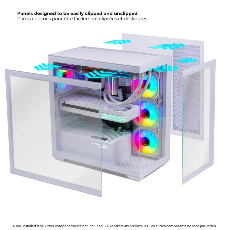 Spirit Of Gamer - Spark Artic, Case PC Gaming RGB Aquarium, Compatibile ATX/mATX/mITX, 6 Ventole ARGB da 120 mm incluse, Torre Gaming Vuota con Pannello Frontale e Laterale in Vetro Temperato da 4 mm