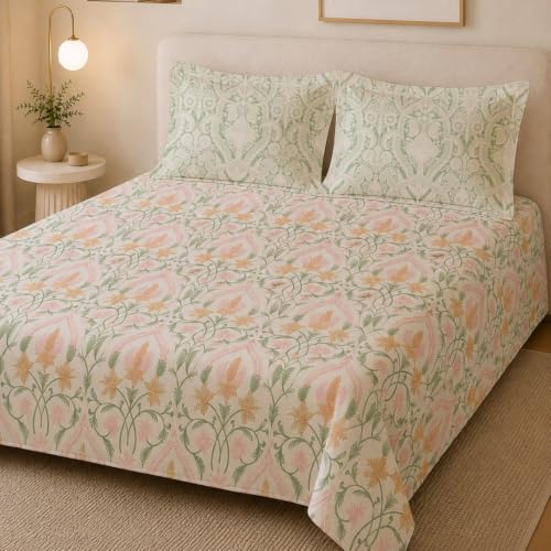 Image of LANE LINEN Organic | 100% Cotton Printed Bedsheet Set | Soft & Breathable Fabric | 3 Piece (1 Double Bedsheet + 2 Pillow Covers) | Double Bed Sheet Set | Machine Washable | Blush Pink & Sage Green