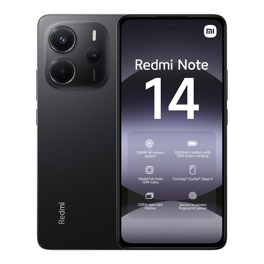 XIAOMI Redmi Note 14.6+128GB Smartphone, Black, 108MP AI Camera System, 5500mAh Battery, 120Hz Eye Care Screen, AI Features (Charger Not Included) (French Version + 2 Years Warranty)