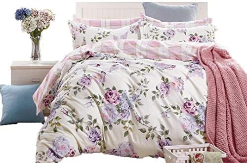 Swanson Beddings Pink Purple Roses 2-Piece 100% Cotton Bedding Set: Duvet Cover and One Pillow Sham (Twin)