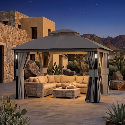 Covered Outdoor Patio Gazebo 10'x12' with LED Lights & Bluetooth Speaker, Heavy Duty Outdoor Canopy Shelter with Metal Frame, Double Roofs, Soft Top Gazebo with Netting and Curtains for Backyard, Gray - Image 2