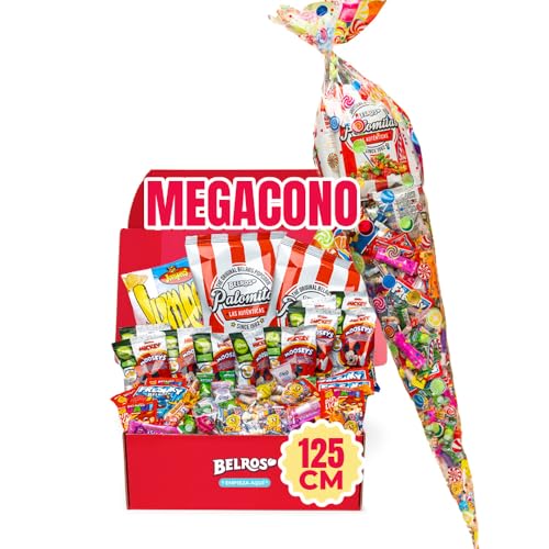 BELROS Megacono Gigante Caramelos y Golosinas 125cm de Altura. Ideal Regalos, Celebraciones y Cumpleaños. Contiene Dulce y Salado. Incluye Manual de montaje