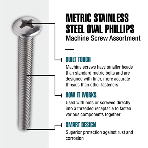 Image of 119 Piece Fastener Assortment Kit, Metric Stainless Steel Oval Phillips Machine Screw Set, M5 and M6 Diameters, Gray, Stainless Steel