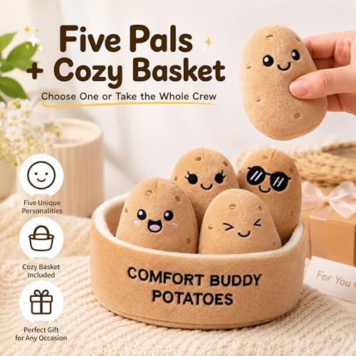 Image of Emotional Support Potato Plush Set, 5 Soft Squishy Toys Stuffed Animal with Carrying Basket, Cute Cuddly for Loved Ones of All Ages, Stress Relief Funny Gifts (Potato)