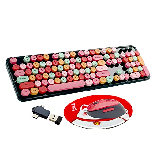 Image of Wireless Keyboard and Mouse Combo, Ergonomic Cute Retro Typewriter Full Size Colorful USB Cordless Keyboard Mouse Set for Gaming and Office (Red)