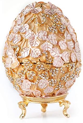 Apropos Hand-Painted Vintage Style Golden Leaves Faberge Egg with Rich Enamel and Sparkling Rhinestones Jewelry Trinket Box (Golden Pink Leaves) (Pink)