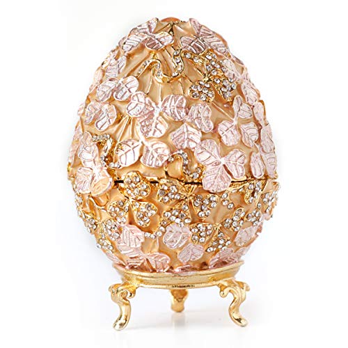Apropos Hand-Painted Vintage Style Golden Leaves Faberge Egg with Rich Enamel and Sparkling Rhinestones Jewelry Trinket Box (Golden Pink Leaves) (Pink)