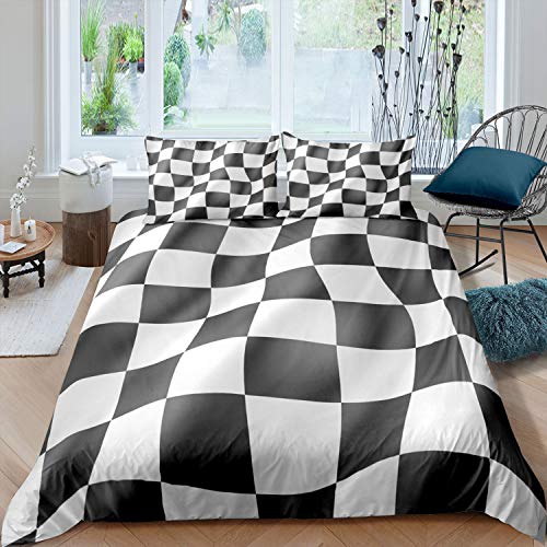 Juego de ropa de cama psicodélico con tabla ondulada en 3D, 200 x 200 cm, color blanco y negro, para niños y niñas, 3 piezas, con cremallera de microfibra