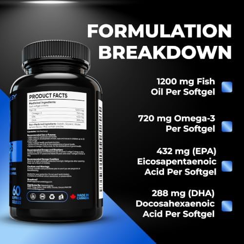 Nutratology® Omega 3 Fish Oil Supplement Triple Strength with Fatty Acids - 1200MG Fish Oil, 720 MG Omega 3 Supplements, 432MG EPA & 288MG DHA Per Softgel. Burp-less Lemon Flavour - 60 Softgels — view 4