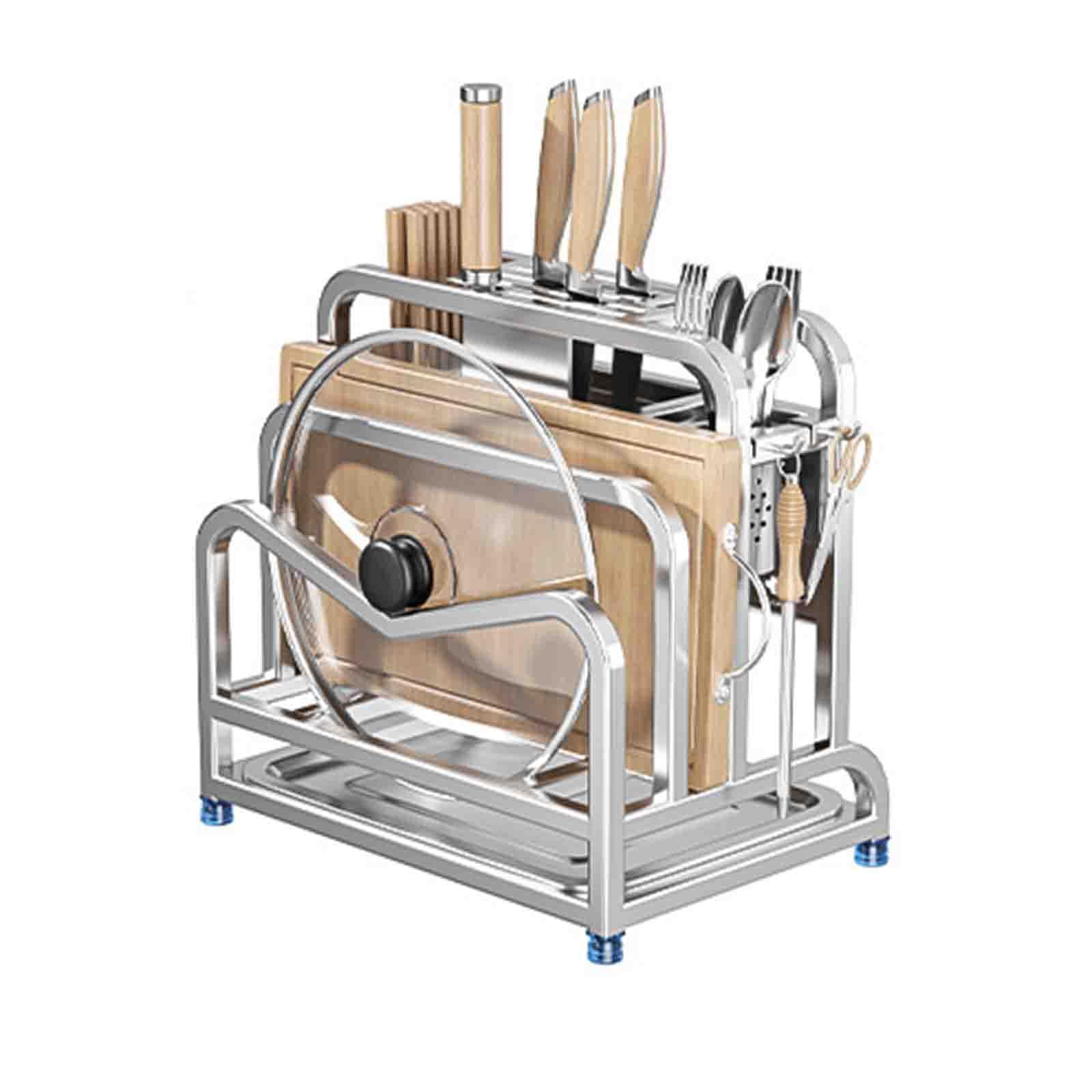 Porta Coperchi Pentole Salvaspazio Porta Taglieri Da Cucina Portacoperchi Organizzatore Organizer Portacoltelli in Acciaio Inox Cestello Portaposate Con Vaschetta Raccogligocce (Silver,34x27x39cm)