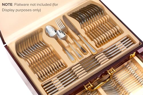 Flatware Storage Box with Drawer - For Up To 75 Piece Sets High-Gloss Case with Lid and Gold-Plated Handles, Red Wood Style Chest with Cream Interior Trays - Italian Collection Silverware Organizer - Thumbnail 6