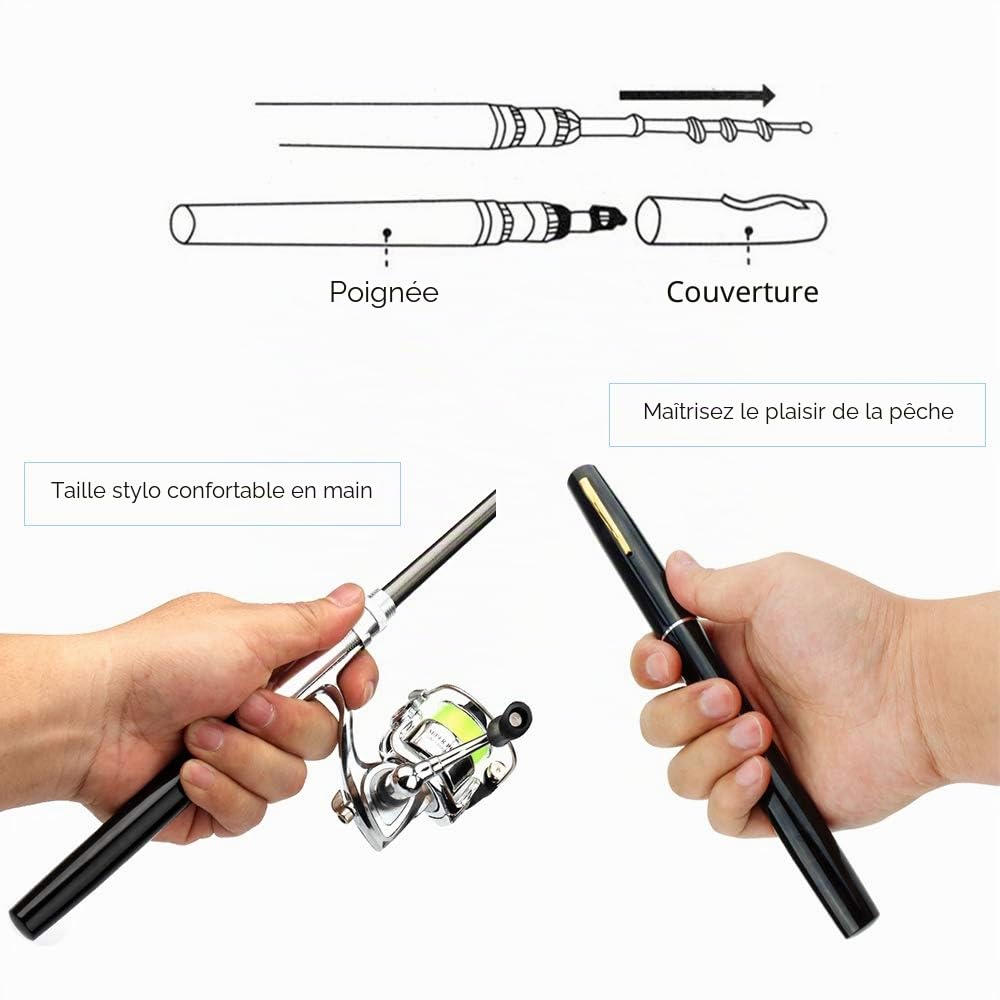 Lixada Bobine de Canne à pêche, Mini Stylo, kit de Canne à pêche télescopique, Moulinet à Spinning, Ensemble combiné