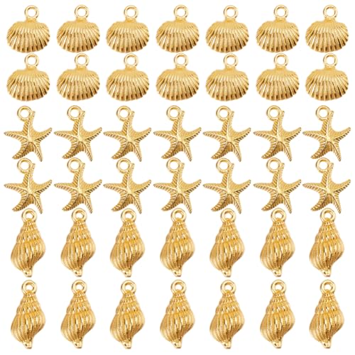 SUNNYCLUE 1 Box 60Pcs 3 Styles Ocean Themed Charms Gold Summer Charm Bulk Metal Alloy Sea Beach Shell Conch Starfish Charm for Jewellery Making Charms Bracelet Necklace Earring DIY Crafts Accessories