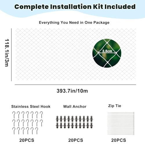 Jukibole Katzennetz für Balkon 10×3 m – Ohne Bohren, UV-beständig & Reißfest – Transparent Nylon Balkonnetz für Katzen (Inklusive Befestigungsset) – Katzenschutznetz für Fenster, Terrasse, Balkon
