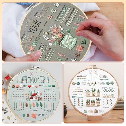 Image of LYSHIATSU 3 Sets Embroidery Kit for Beginners, Embroidery Kit for Adults with Follow Instruction, Cross Stitch Kits with Wooden Embroidery Hoops