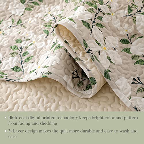 Whale Flotilla Reversible Floral Quilts Full Queen Size, Lightweight Boho Printed Bedspreads Coverlets Quilt Bedding Set with 2 Pillow Shams for All Seasons, White/Bone