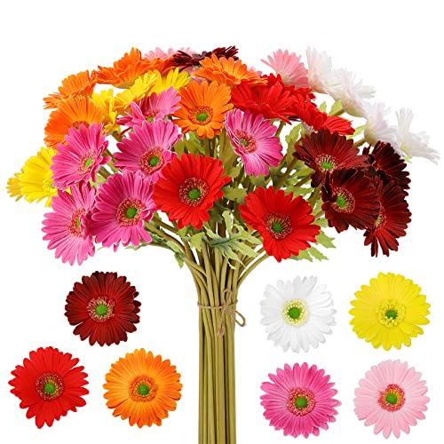 Zshcong 24Pcs Gerbera Daisies Flowers 17.5”Length Real Touch Pu Fake Flowers Odorless Gift Box Package For Home Decorations Centerpieces Arrangement Wedding Bouquet (Yellow) #TOP1