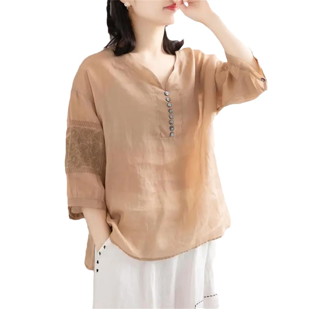Tunique en coton pour femme avec col en V et manches 3/4 - Couleur unie