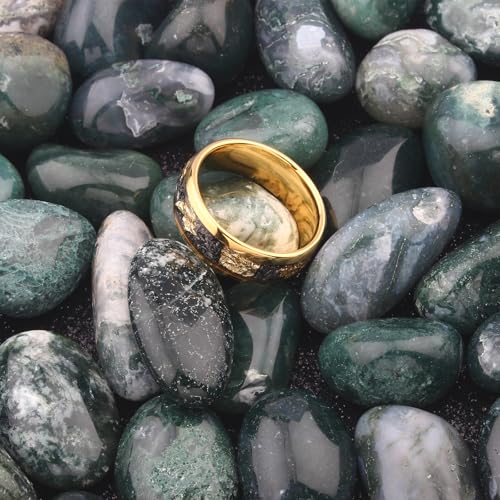 Meteorite Gold Leaf Flakes Wedding Bands Ring 18K Yellow Gold Tungsten Ring Inlay Crushed Meteorite Gold Men Women Wedding Bands Ring Size 7-133