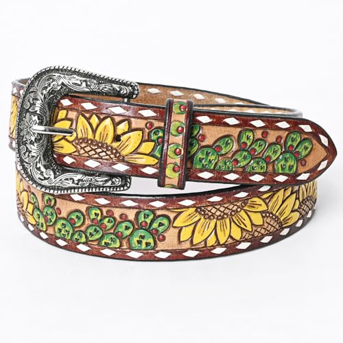 American Darling Medium Beautifully Hand Tooled Tan Genuine Leather Belt Men and Women Western with Removable Buckle2