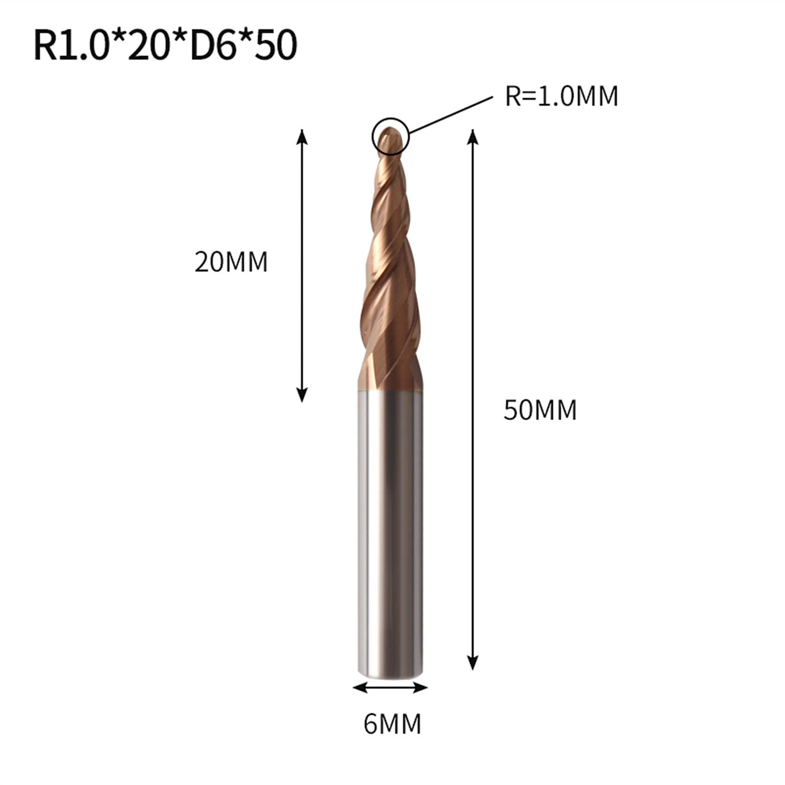 SUOFEILAIMU-PHONE CASE Metal R0.25-2 Carbide Ball Nose Tapered End Mills Engraving Router Bit Wood Milling Cutters CNC Carving Bit (Cutting Edge Length : R1X20XD6X50L)
