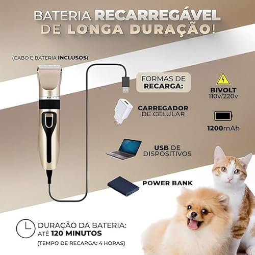 Maquininha Tosa Kit Pet Silenciosa Aparador Recarregável Cachorro Gato