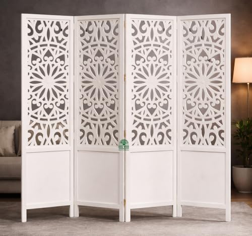 Image of Wooden Room Divider 6 Feet, 4-Panel Folding Wooden Partition for Living Room, Office, Pooja Room, Restaurant, Kitchen & Balcony (2W x 1.82H Meters). (Milky White)