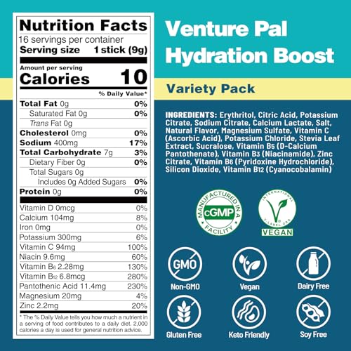 Venture Pal Sugar Free Electrolyte Powder Packets - Liquid Daily IV Hydration Packets | Electrolytes Drink Mix with 5 Vitamins & 7 Electrolytes | Keto Friendly | Non-GMO | Certified Vegan | 16 Sticks