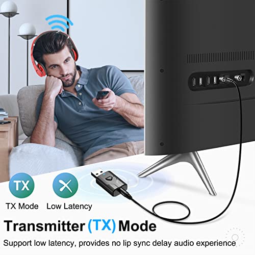 USB Bluetooth Adapter für TV, 2-in-1-Bluetooth Sender Empfänger, Tragbarer Mini Audio Transmitter mit Klinke 3,5 für TV, PC, Stereoanlage und Auto, Eingebautem Mikrofon, Freisprechen und Musik