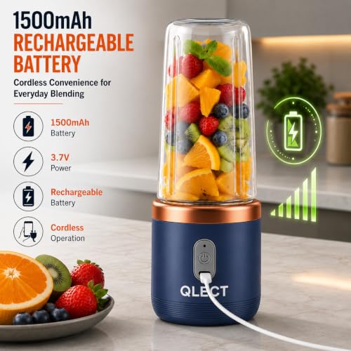 Image of QLECT Portable Blender for Smoothies & Juices | 400ml Personal Juicer Mixer Grinder | 1500mAh USB Rechargeable Battery | 2 Jars | Stainless Steel Blades | ISI Certified | Made in India(Blue)