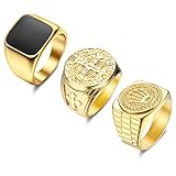 Anillos Sello Hombre: un pedido incluye 3 piezas anillos hombre sello, 1 anillo esmalte, 1 anillo de talla de cruz religiosa y 1 anillo de talla de corona. Diseño único, el anillo central es una cruz, las letras verticales de arriba talladas con monedas de oro, lo que significa que vendrá la oración de una vida mejor. anillo de la corona muestra su nobleza y es adecuado para el uso diario
