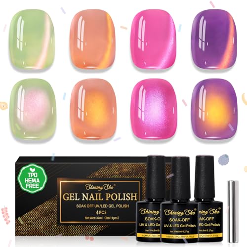 Shining She Esmaltes Semipermanentes para Uñas sin TPO sin HEMA, 4 Colores Rosa Púrpura Verde Naranja Vidrio Jelly Cat Eye Gel Polish Soak Off UV/LED Pintauñas Semipermanentes Verano Nail Art,8ML