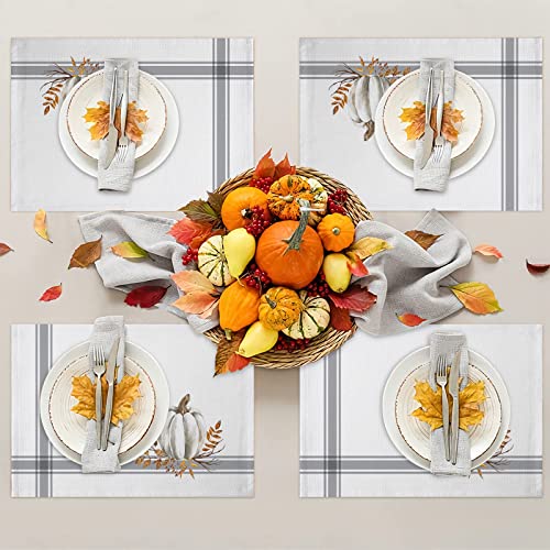 Fall Placemats Thanksgiving White Pumpkin Leaf Branch Tablemats For Dinner Table Gray Stripes Autumn Table Mats For Thanksgiving Day Holiday Cotton Linen Washable Set Of 6 #TOP2