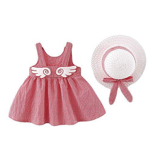 Haokaini Baby Girl Summer Dress Sleeveless Casual Floral Dresses Swing Sundress Skirt with Straw Hat Beachwear(Red Grid,12-18 Months)