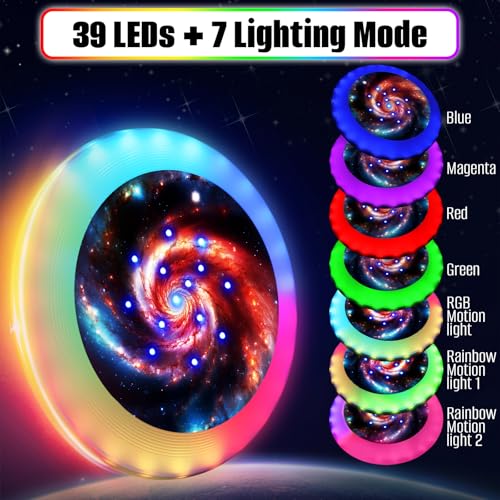 SETOXYX Frisbee Glow in The Dark - Lighting up Gift for Teen Boy - Flying Disc with 39 LEDs+7 Lighting Modes Changeable - Waterproof Frisbee Rechargeable - Outdoor Games in Camp Evening Party