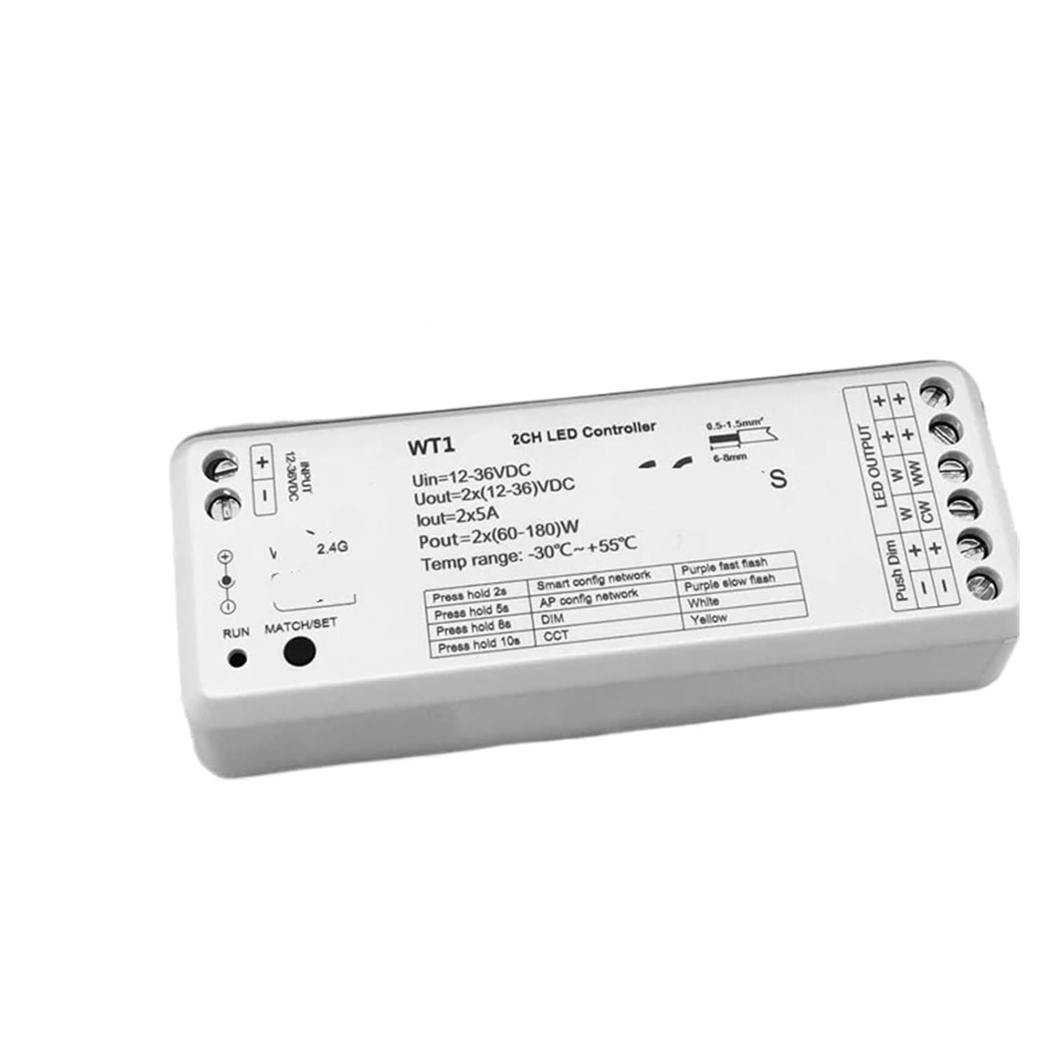 Dimmer Switch CCT LED Light Strip dimmer Switch 12V DC 2.4G WW CW Controller 2 Channels WT1