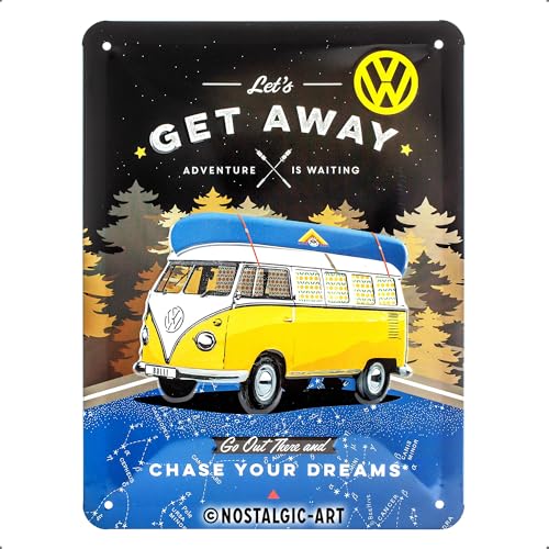 Nostalgic-Art Plaque Vintage, Bulli T1 – Get Away – Idée de Cadeau pour Bus VW, en métal, Design Retro pour la décoration, 15 x 20 cm