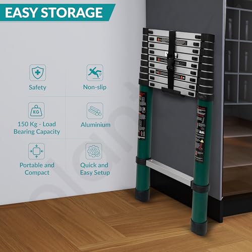 Image of Plantex 2.9m (9.5 ft.) Aluminium Telescopic Ladder /10-Steps Portable Ladder with Removable Hooks /Foldable Multipurpose Collapsible Ladder for Home & Outdoor Use /2 Years of Warranty By Plantex-(Green)