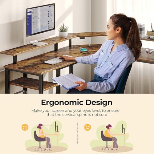 Image of Rolanstar L Shaped Gaming Desk with LED Lights & Power Outlets, 55.1 inch Computer Desk with Full Monitor Stand & Storage Shelf, Corner Desk with Hooks, Rustic Brown Desk Reversible
