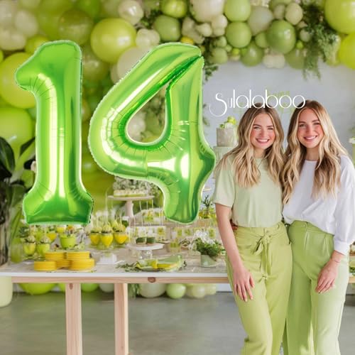 Image of 40 Inch Green Number 14 Balloon Lime Big Large Helium Number 0-9 | Giant Digital 14th Foil Mylar Party Balloon for Birthday Party Anniversary Graduation Decorations