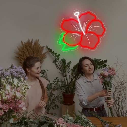 Image of Hibiscus Neon Sign Hibiscus Flower Neon Light Hawaii Floral Neon Light Tropical Flower Sign Home Wall Art Decoration, 15 inchx12 inch, Red