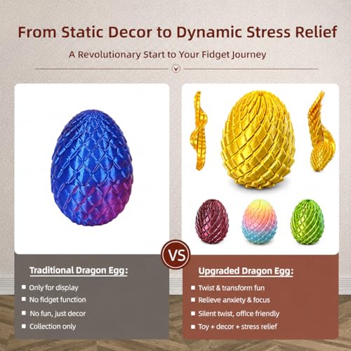 3D Printed Fidget Toy, Twisty Dragon Eggs, Spiral Slippery Egg Fidget Toy, Stress Relief Sensory Desk Toy for Adults and ADHD, Rotating Focus Anxiety Relief Pocket Toy (Gold)