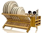 Intriom Bamboo Dish Rack With Utensil Holder Set Scissor Style Foldable (Dish Rack)