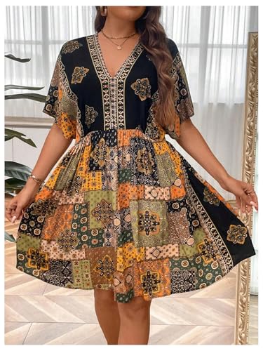 Image of MakeMeChic Women's Plus Size Boho Dress Half Sleeve Flowy Sundress V Neck Summer Short Dresses