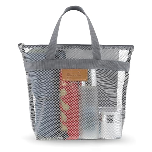 Molain Tragbare Duschtasche, Mesh Tragetasche mit Reißverschluss, Multifunktionale Strandtasche Schnelltrocknende Faltbare Tasche Duschtasche für Fitnessstudio Duschraum Strand(grau)