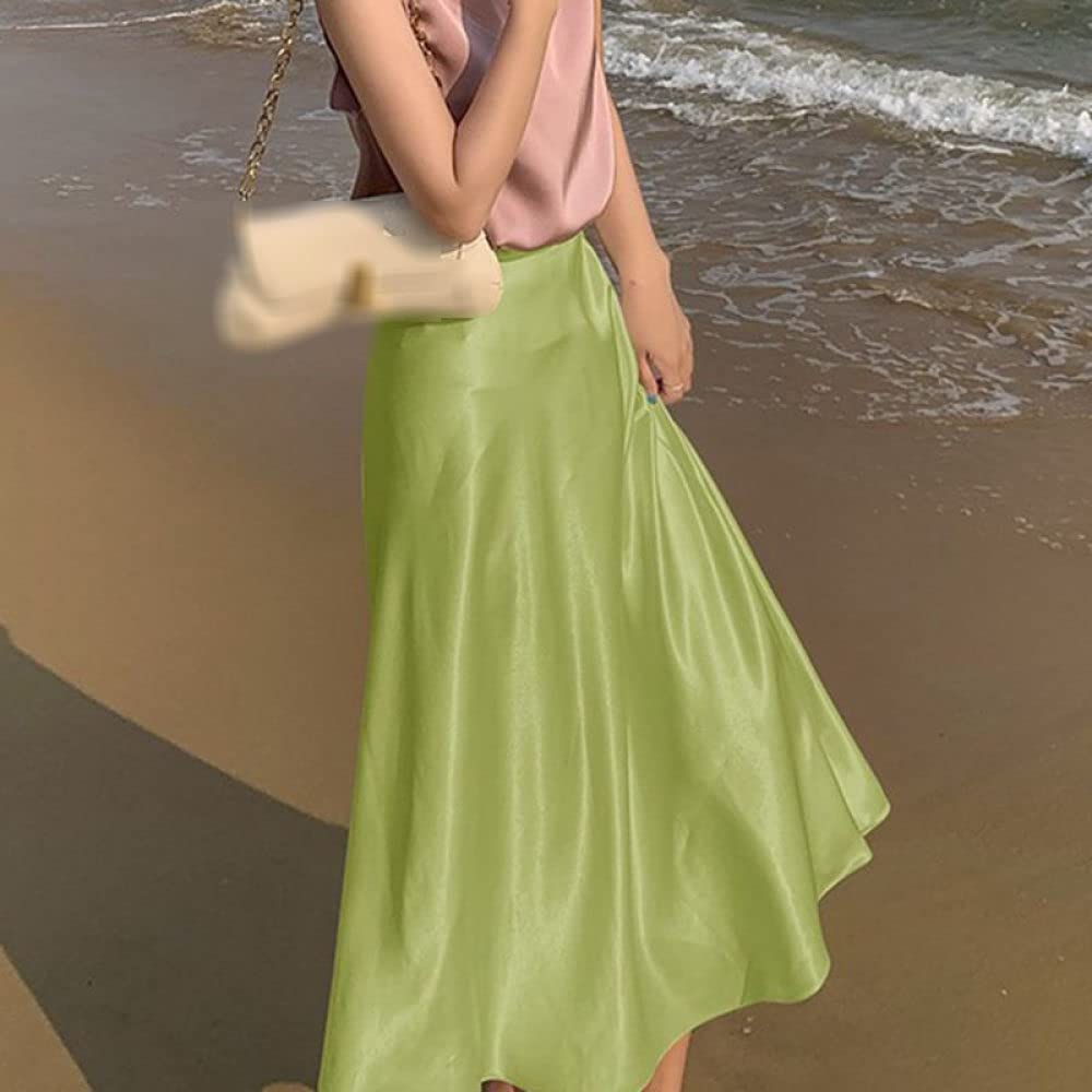 OZEO Röcke,Dünner Satin-Midirock Für Damen, Grün, Glänzend, Mit Hoher Taille, Faltenrock, Sommer, Elegant, A-Linie, Swing, Gerüscht, Fließend, Strandurlaub, Lange Röcke Für Mädchen, Damen, XXL