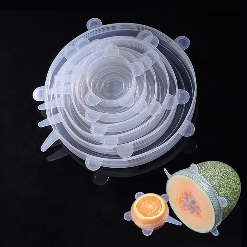 Silicone Stretch Lids, Reusable Silicon Container Lid Covers, Round, 6 Different Sizes to Meet Most Container, 6Pcs White