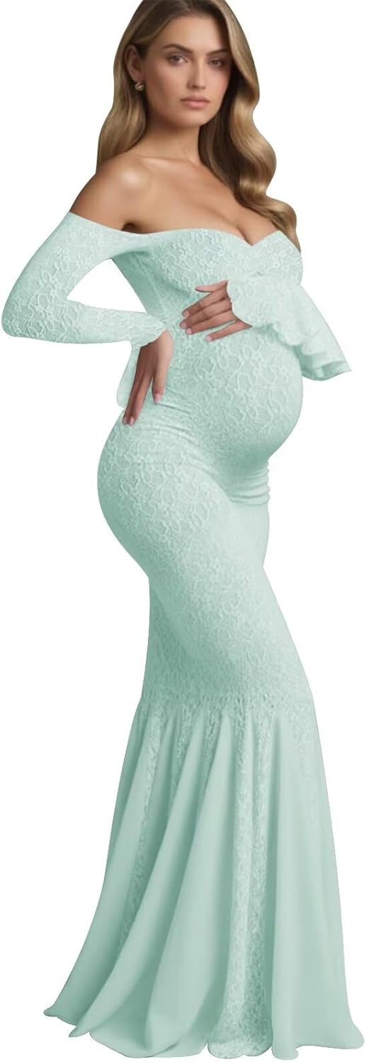 Lace Maternity Dress Mermaid Stretchy Bodycon Off the Shoulder Baby Shower Dress Ruffle Maxi Pregnancy Gown