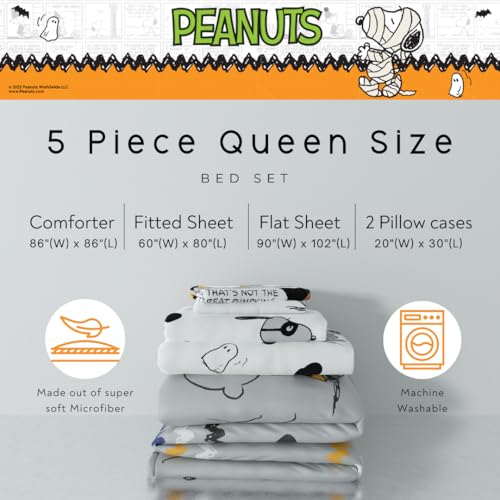 Image of Peanuts Halloween Queen Bed Set - Super Soft & Cozy 5 Piece Reversible Comforter and Sheet Set Featuring Snoopy & Charlie Brown, (Official Peanuts Product) by Franco