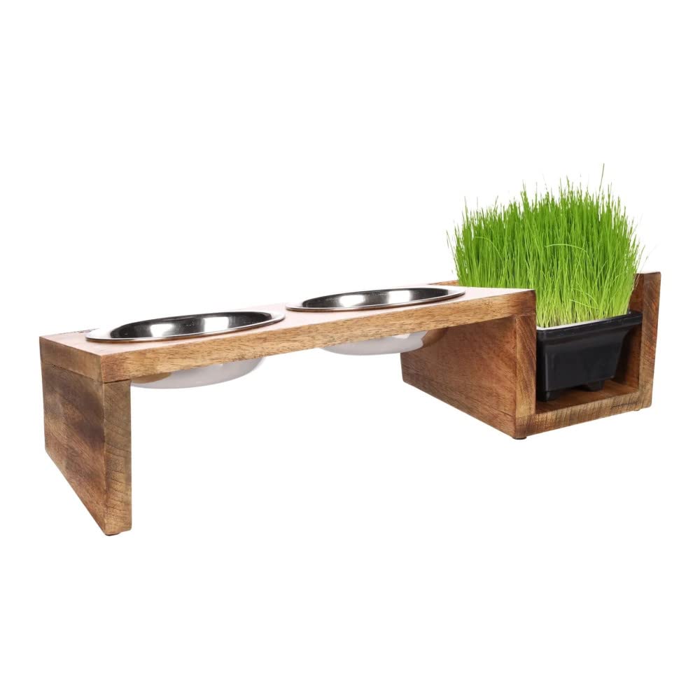 Flamingo TWIN FEEDER LELA WITH CAT GRASS BOWL STAINLESS STEEL 2x375ML 13CM, Natural - Image 2